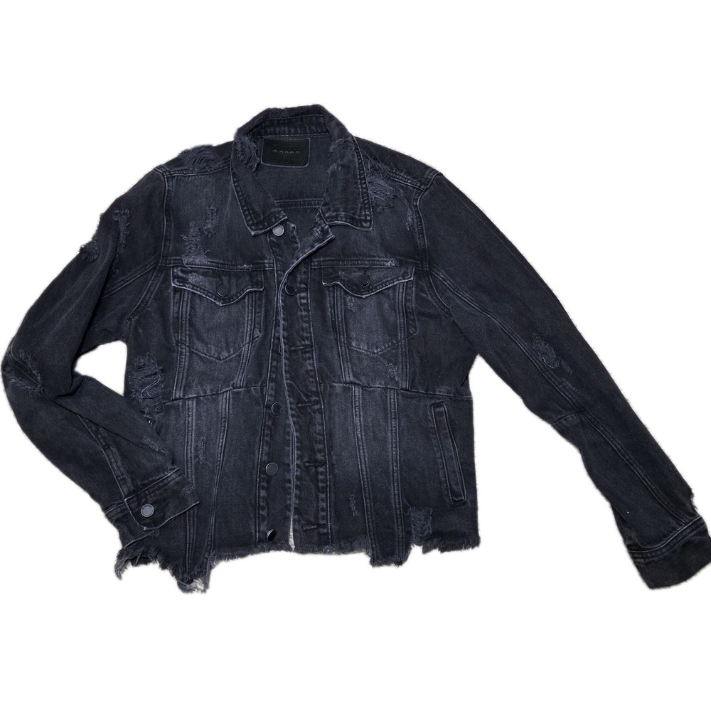 BLANK NYC Black Distressed Denim Jacket Womens Medium‎ Frayed Hem Grunge Y2K
